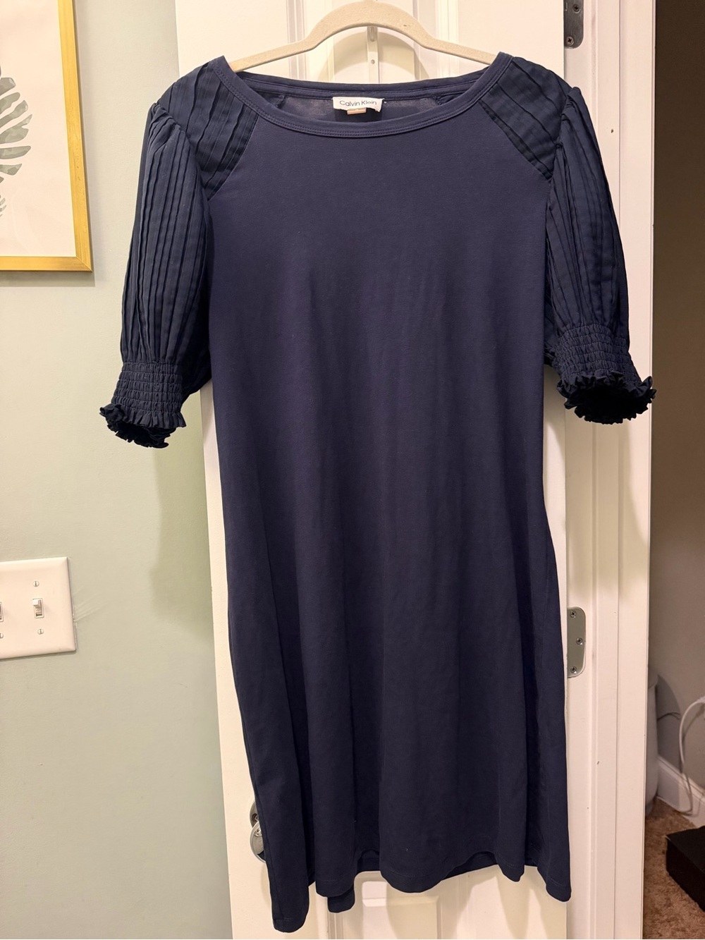 Calvin Klein Navy Midi Dress with Pleated Short Sleeves